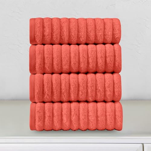 Image of Elegant Comfort Luxury 100% Turkish Cotton Corduroy Ribbed 4 Pack Hand Towel Set 16 x 28 Inch - Absorbent, Super Soft, Quick Dry, Premium Towels for Bathroom, Gym, Spa and Hotel Use, Coral
