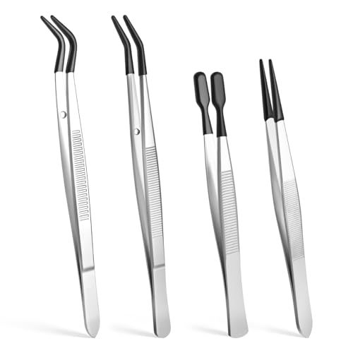 4 Pieces Tweezers with Rubber PVC Coated Set Silicone Tip Tweezers Coated Flat and Bent Forceps for Lab Industrial Crafting Jewelry Electronics and Lab Work