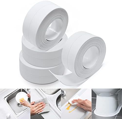 KITRESQ 4Pcs Caulk Tape Waterproof Self Adhesive, Easy-to-Apply Sealant Strip for Waterproofing & Sealing, Durable & Flexible, Ideal for Bathroom, Kitchen & More（White, 10.5 Ft)
