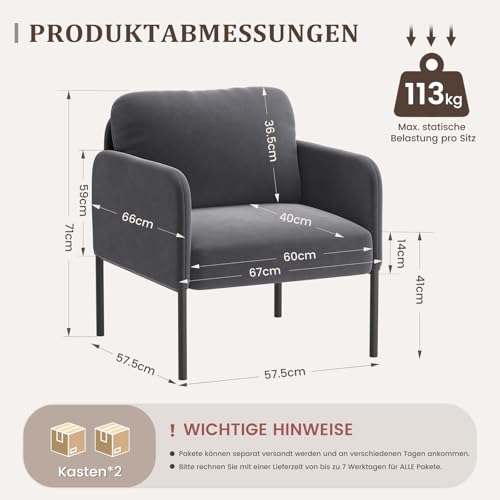 COLAMY Gepolsterter Ohrensessel 2er Set aus Samt – Moderner Lounge-Sessel mit weicher Rückenlehne, Komfortabler Sessel für Wohnzimmer, Schlafzimmer, Apartment & Leseecke, Grau
