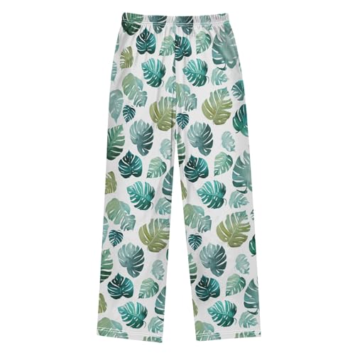 Pajama Pants Lounge Sleep PJ Bottoms Sleepwear Elastic Waist Drawstring S Monstera White2