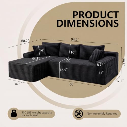 Image of 94.5 inch L Shaped Boneless Sectional Corduroy Couches for Living Room (Black)