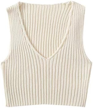 SweatyRocks Women's Ribbed Knit Crop Sleeveless V-Neck Sweater Vest Crop Tank Top Beige XS