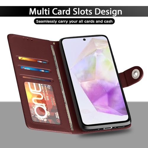 Image of Pikkme Flip Cover Leather Finish | Inside TPU with Card Pockets | Wallet Stand and Shock Proof | Complete Protection Button Flip Case for Samsung Galaxy A56 5G(Brown)