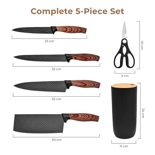 Image of HomeEssentials 5pc Diamond Kitchen Knife Set - Ultra-Sharp Non-Stick Textured Blades - Stainless Steel Chef, Cleaver & Paring Knives - Ergonomic Wood-Grain Handles, Shears & Universal Block Holder