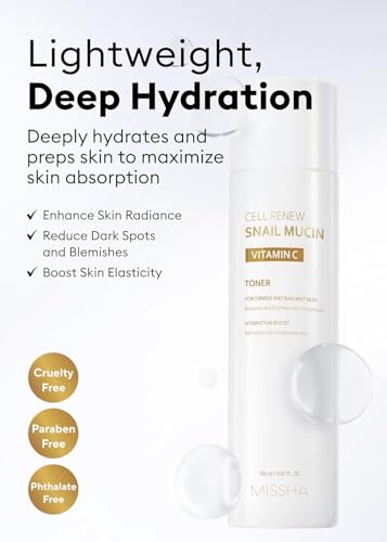 Image of MISSHA Cell Renew Snail Mucin Vitamin C Toner 5.07 Fl oz - Korean Skincare Facial Toner for Glass Skin, 90% Snail Mucin Vita Complex, Deep Hydration, Improves Skin Texture, Paraben Free