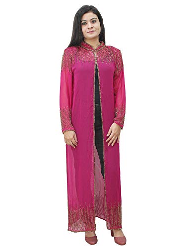 Image of Matelco Women Georgette Floor Length Hand Embroidered Embellished Longline Front Open Shrug Dress