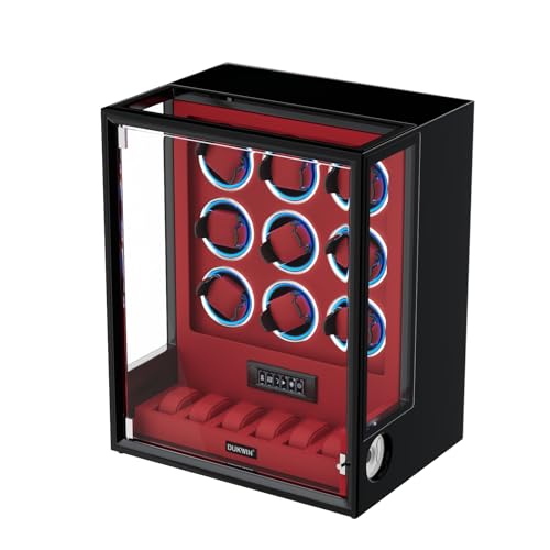 DUKWIN ワインディングマシーン 9本巻き+6本収納 自動巻き上げ機 指紋認証 ウォッチワインダー LCDタッチスクリーン watch winder 静音モーター RGB雰囲気ライトとLEDバックライト付き(レッド)