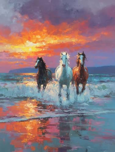 数字油絵初心者向け DIY アクリル絵の具塗り絵キット、Paint by Numbers子供と大人ハンド塗り絵馬海辺インテリア装飾ペイントバイナンバー 絵画手芸ストレス解消DIY手描、インテリア 家の壁の装飾、80x100cm/32x40インチ(フレームレ