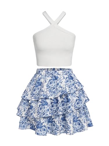 Image of WDIRARA Girl's 2 Piece Summer Outfits Sets Floral Print Textured Ribbed Knit Halter Cami Top & Tiered Layer Skirt Sets