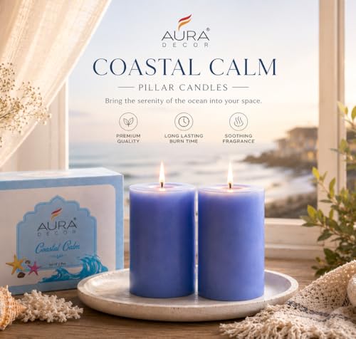 Image of AuraDecor Scented Pillar Candles Set of 2 | 25 Hours Burn Time | Essential Oil | Smokeless & Long Clear Burn | Paraffin Wax | Aromatherapy Candles for Home Decor, Relaxation & Gifting (Coastal Calm)
