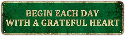 KIOZIY Inspirational Signs, Begin Each Day With a Grateful Heart, 4" x 16" Tin Sign, Motivational Signs, Farmhouse Decor Wall Plaque, Christian Wall Art