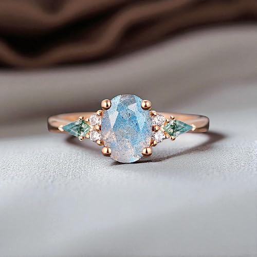 Labradorite and Moss Agate Engagement Ring, Oval Cut Rose Gold Ring with Side Stones, Nature-Inspired Solitaire Ring, Custom Promise Ring for Women2