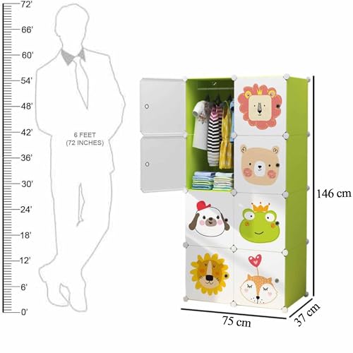 Image of AYSIS Almirah for Clothes,Plastic Soft Sheet Collapsible Wardrobe for Clothes for Kids Clothes /Toy /Book, Baby Cupboard for Clothes Storage in Bedroom Nursery,Cartoon (Green, 8-Shelf-8-Door)