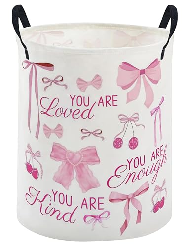 Image of ESSME Kids Laundry Basket,Pink Hamper Collapsible Canvas Waterproof Storage Bin for Girls, Cute Hamper,Gift Baskets(bow)