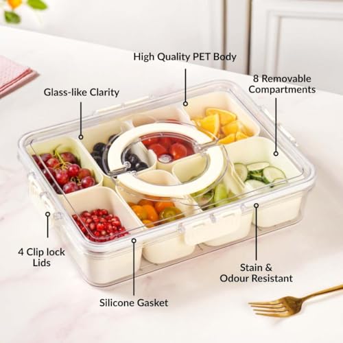 Image of Nestasia Divided Fridge Organiser Storage Box with Lid and Handle - Airtight Fridge Storage Container with 8 Removable Compartments, BPA-Free Multipurpose Serving Veggie Tray