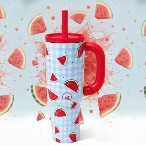 Image of House of Quirk 1200ml Stainless Steel Tumbler with Handle, Straw & Straw Cap | Leakproof Water Bottle | Large Capacity Travel Mug (Melon Grid)