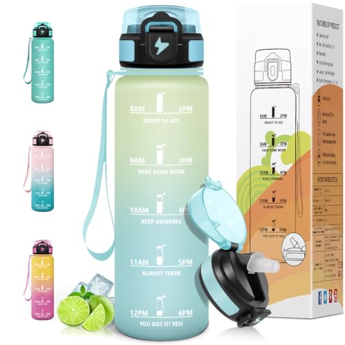 Motswedi Botella Agua 1 litro, con pajita, Botella Agua Gimnasio, a Prueba de Fugas, Cantimplora Marca de Tiempo 1 L, Reutilizable, para Gym, Bicicleta, Camping, Beige Azul Claro