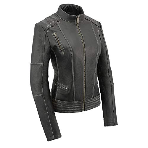 Milwaukee Leather MLL2526 Women Distressed Black Leather Jacket With Lace Distressed Grey
