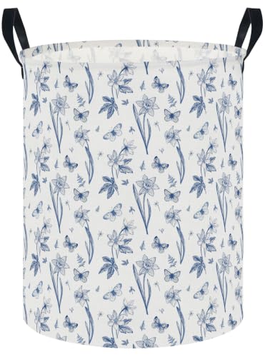 Image of 62L Blue Floral Butterfly Waterproof Laundry Hamper with Durable Leather Handle,Kids Collapsible Storage Basket for Nursery,Playroom, Bedroom(Indigo Flowers）