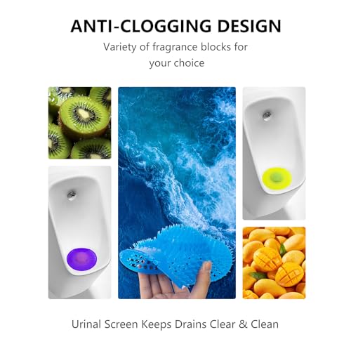 Urinal Screen Deodorizer 12 Pack,75-Day Fresh,Double-Sided Anti-Splash | Urinal Cakes,Anti-Splash & Anti-Clog,Ocean Breeze/Mango/Kiwi,Long-Lasting Freshness,Odor Control with Gloves for Men Bathroom