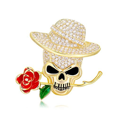 HDNCJFLEQ Broche haut de gamme style punk micro incrusté de zircons pour robe de corsage Halloween crâne dessin animé accessoires de costume tête de mort tenant une rose en denim pour chemise, sac Cover