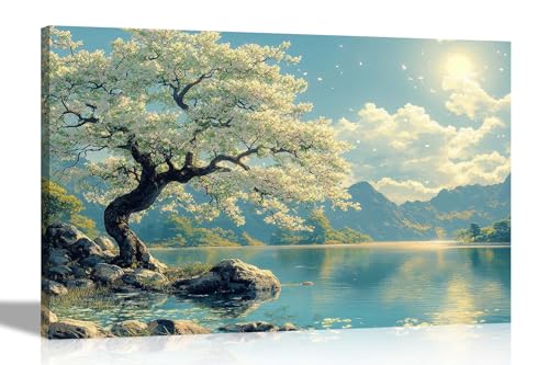 Artley Prints - White Flowering Tree Lake Mountain Framed Canvas Wall Pictures Scenary Decor Home Office Bedroom Prints 40 x 30cm (16 x 12 inches) A3