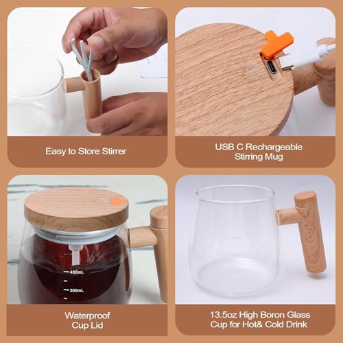 Image of Self Stirring Mug with Lid | Electric Coffee Frother Mug | Automatic Milk & Coffee Mixer with Glass Jar & Wooden Handle | USB Rechargeable | Cappuccino, Latte, Protein Shake & Hot Chocolate Maker