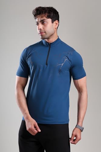 Image of GROW Stylish Gym T Shirts for Men Workout | Cotton and Spandex Quarter Zip Back Printed Collar T Shirts for Men Half Sleeves