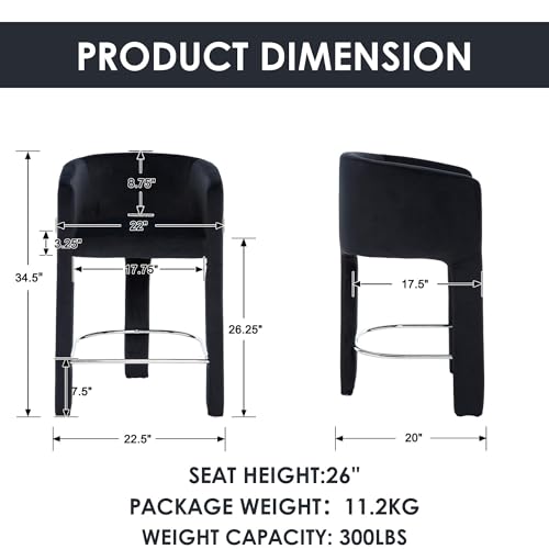 Image of HNY Modern Barrel Bar Stool, 26 Inch Upholstered Velvet Counter Height Barstool with Back and Armrests, for Kitchen Island, Home Bar, Dining Room, No Assembly, Black