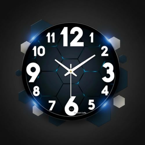 Image of Modern 3D Hexagon Wall Clock for Gaming Room & Office Decor | Round Analog Silent Non-Ticking Tech Watch with Black Frame | Futuristic Blue Geometric Pattern Timepiece for Bedroom & Man Cave