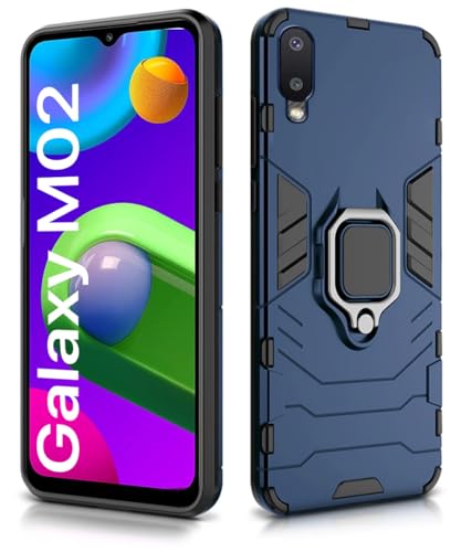 Image of WOW IMAGINE Shock Proof Back Case Mobile Cover for Samsung Galaxy M02 | Back Cover Case (Tough Armor | Hybrid PC + TPU | Ring Holder & in-Built Kickstand | Blue)