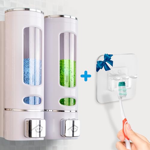 Everhom Dispensador jabon y champu en un único dosificador rellenable de Pared para baño o Ducha con Soporte para Cepillo de Dientes de Regalo.