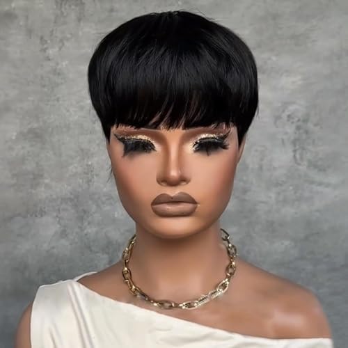 FCHW Black Short Wig For Black Women Hairstyles Synthetic Straight Women's Wig With Bangs No Lace Front Hair Wig 4inch Pixie Cut Wig