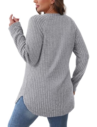 Image of Saloogoe Long Sleeve Shirts for Women 2025 Fall Clothes Tunic Tops Loose Fit Dressy Crewneck Pullover Sweaters Curved Hem