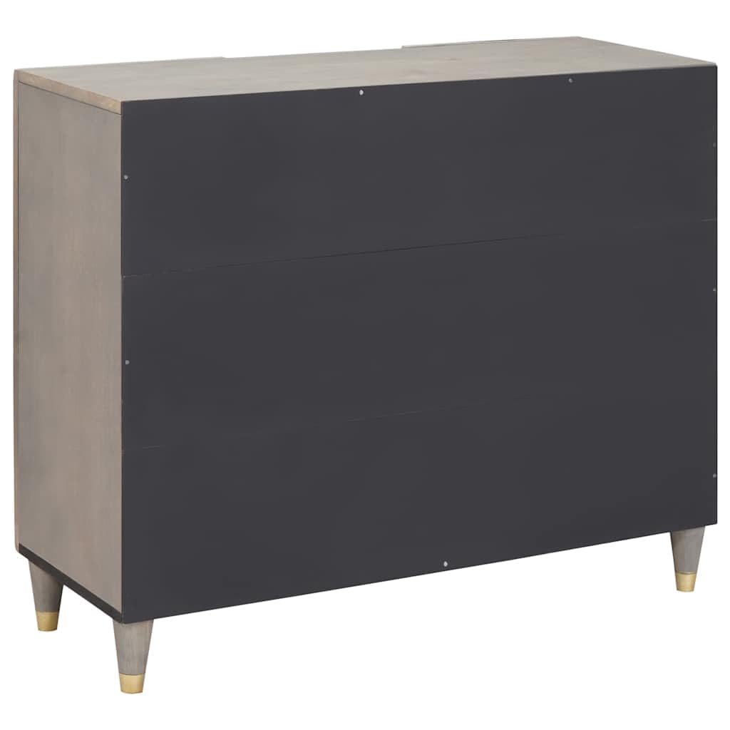 Credenza grigio e oro in legno massello mango 90 x 33 x 75 cm con pomelli in ottone e design serigrafato, vano portaoggetti con 2 ante a cerniera per soggiorno, media, hifi e stoccaggio