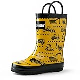 Oakiwear Kids Rubber Rain Boots with Easy-On Handles, Construction Vehicles, 10T US Toddler