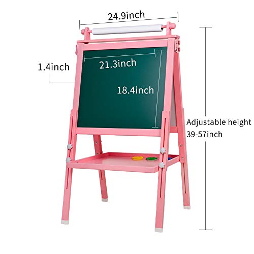 BeebeeRun 3 in 1 Wooden Kids Easel Double-Sided Drawing Board Whiteboard & Chalkboard Dry Easel with Drawing axis & Paper Roll, Numbers, Paint Cups for Writing Kids Boys Girls (Pink)