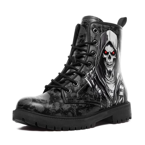 Gothic Combat Boots Skull Lace-Up Ankle Booties Fashion Motorcycle Boot Leather Work Boots for Men & Women