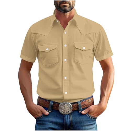 Mens Short Sleeve T Shirts Button Down Dressy Pullover Tops with Two Pockets Fashion Summer Solid Work Business Blouses Khaki