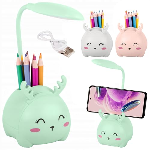 Lampara Escritorio Led Con Portalápices, Lampara Escritorio Niño, Lampara Escritorio Niña, Lampara De Mesa led, Lamparas De Mesa Infantiles Reno, Flexo Led Escritorio Infantil USB (Verde) [Clase de e
