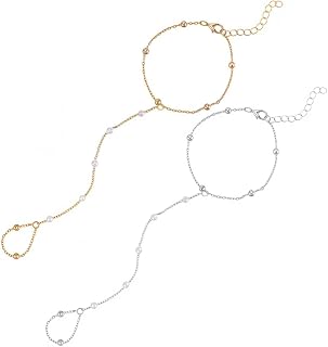 2Pcs Silver Gold Pearl Finger Ring Bracelet Summer Boho Dainty Alloy Adjustable Beaded Link Hand Chain Bracelets Trendy Je... Price In India