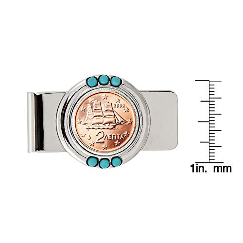 American Coin Treasures Coin Money Clip - Greek Two Euro | Brass Moneyclip Layered in Silver-Tone Rhodium with Turquoise Stones | Holds Currency, Credit Cards, Cash | Certificate of Authenticity2