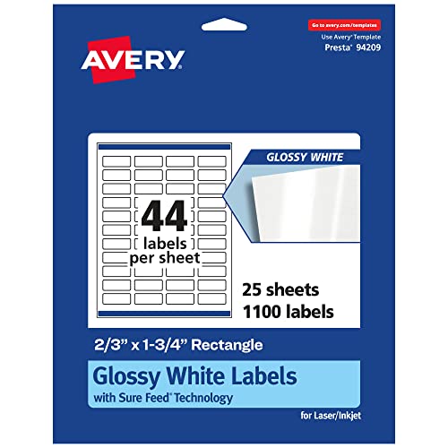 Image of Avery Glossy White Rectangle Labels with Sure Feed, 2/3" x 1-3/4", 1,100 Glossy White Labels, Print-to-The-Edge, Permanent Label Adhesive, Laser/Inkjet Printable Labels