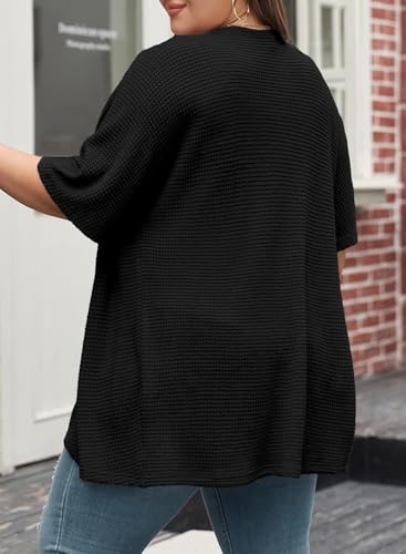 Eytino Womens Plus Size Cardigan Casual Short Sleeve Waffle Knit Kimono Open Front Tops(1X-5X)2