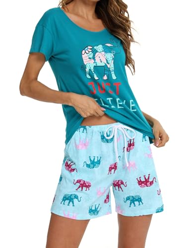 Photo de MIA LUCCE Ensemble de pyjama d'été à manches courtes pour femme - En coton imprimé - Vêtements de nuit à manches courtes avec poches - Tailles S à XXL, Elefant, XL