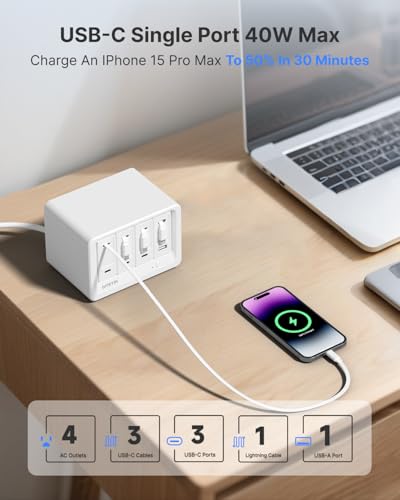 Image of Gitryin 12-in-1 Desktop Charging Station with 3 Retractable Type-C Chargers and 1 Lightning Charger, 160W USB-C Charging Hub with 33.5in Cable, 4 AC, 1 USB A Port, 3 USB C Ports, White
