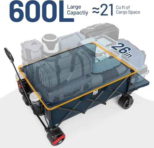 Image of Timber Ridge 600L Beast Wagon 26 inch W Extra Wide Folding w /Big Wheels Cart | Cargo Net & Tailgate, 500lbs Heavy Duty All Terrain 55.25 inch L Collapsible Portable Carts for Camping, Sports, Dogs, Blue