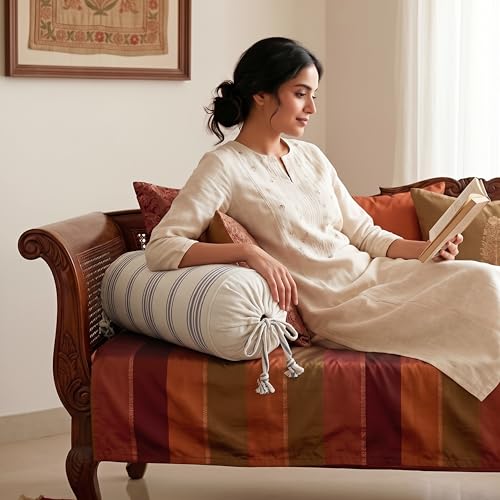Image of SAJAVAT HOME 100% Cotton Striped Bolster Cover Pack of 2 15x30 | Textured Round Side Pillow Covers for Sofa, Bed & Diwan | Soft Breathable Bolster Pillow Covers | Beige & Grey