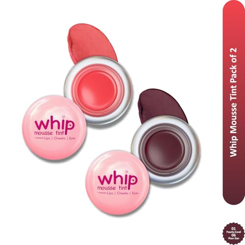 Image of Glam21 Whip Mousse Tint 3-in-1 | Lip, Cheek & Eye Tint | Vitamin E, Jojoba Oil & Shea Butter | Waterproof, Long-Lasting, Highly Pigmented | Lightweight Travel-Friendly Makeup | 4gm Each | Combo Pack Of 2 (Peachy Coral&Plum Star)
